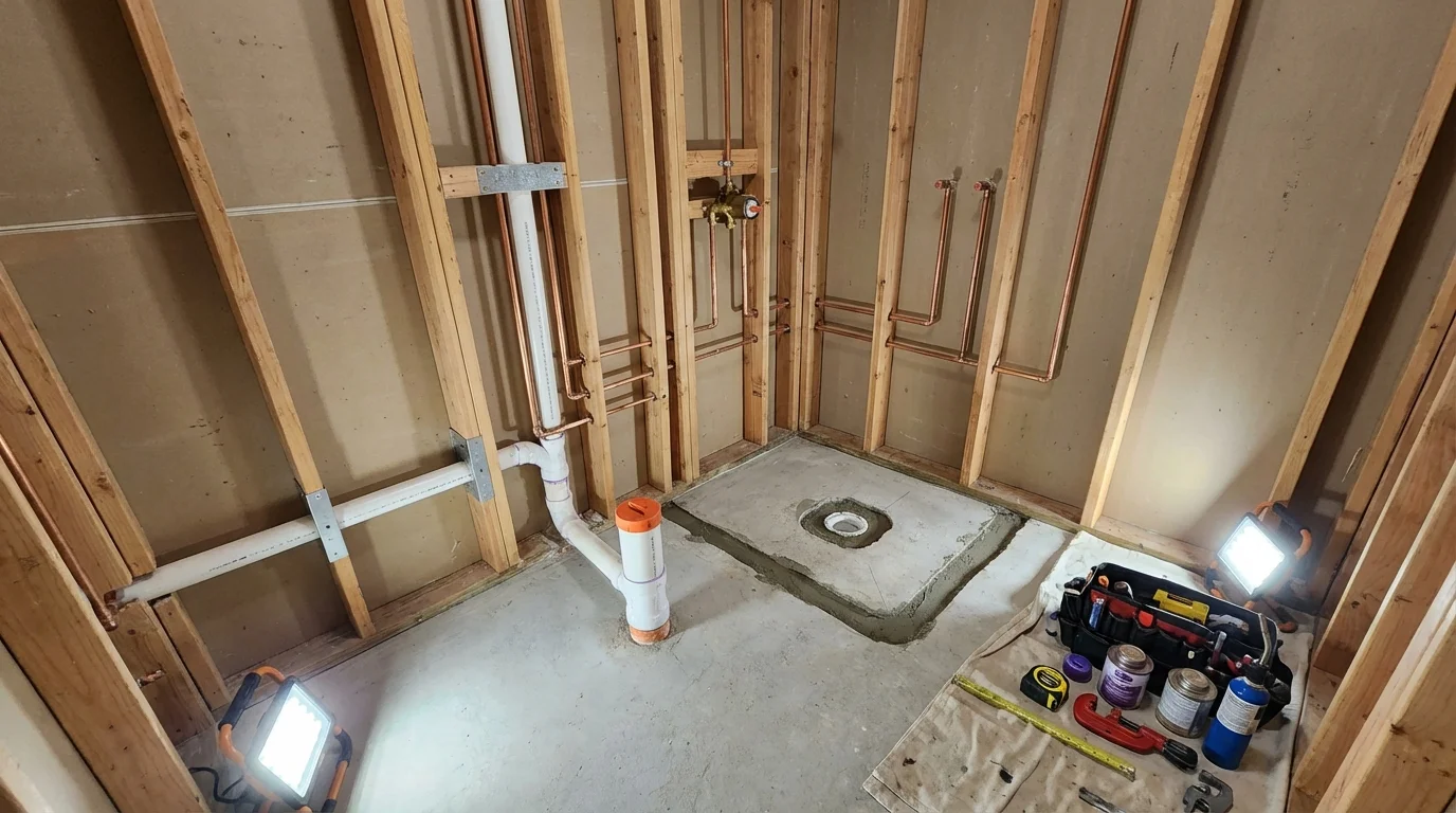Bathroom rough-in plumbing during remodel by Johns Plumbing LLC in Monticello