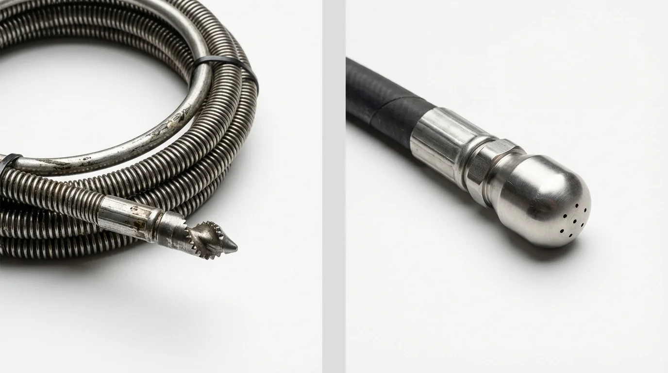 Drain snake cable and hydro jetting nozzle used for drain cleaning in Monticello, MS