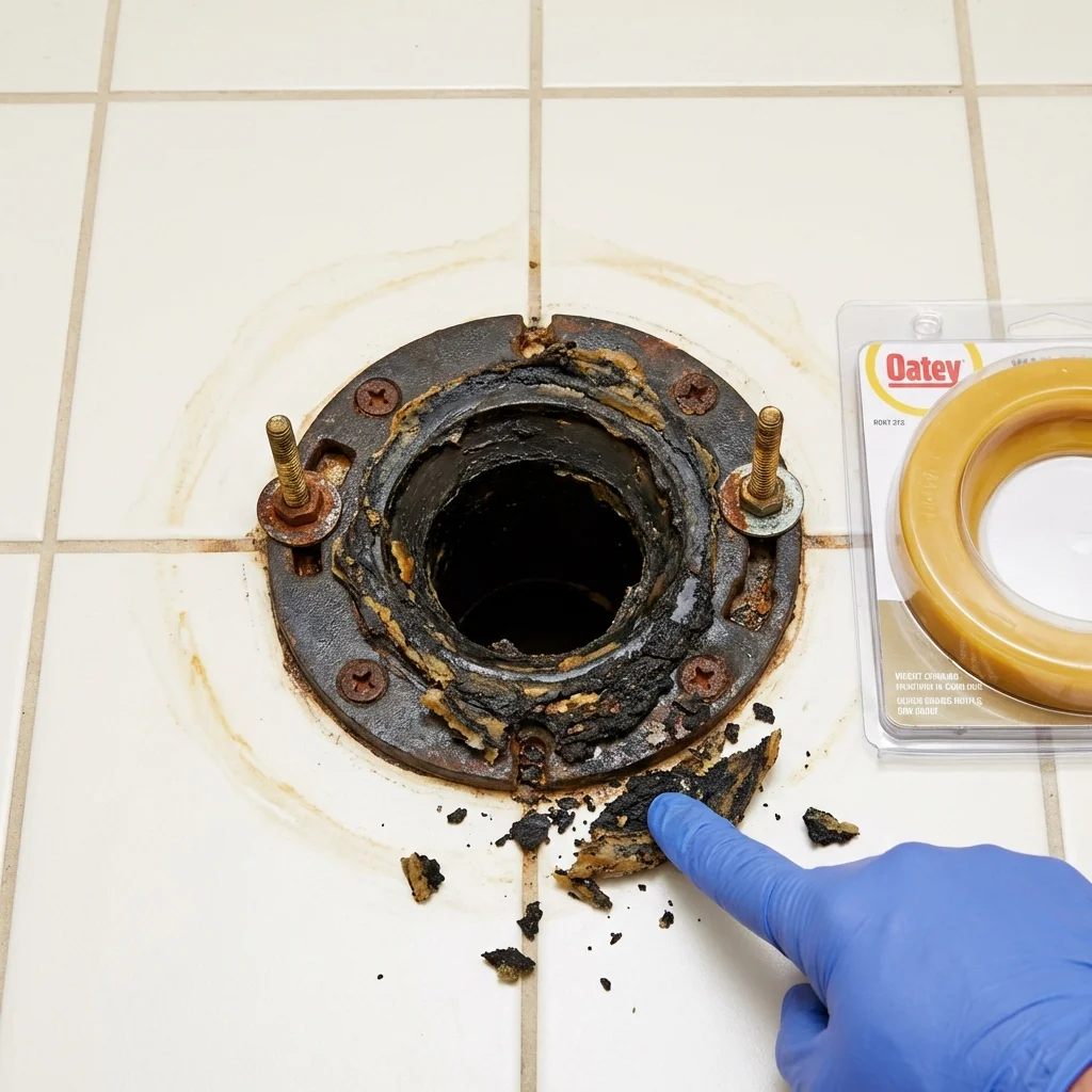 Failed wax ring showing water seepage at the base of a toilet in a Monticello, MS home