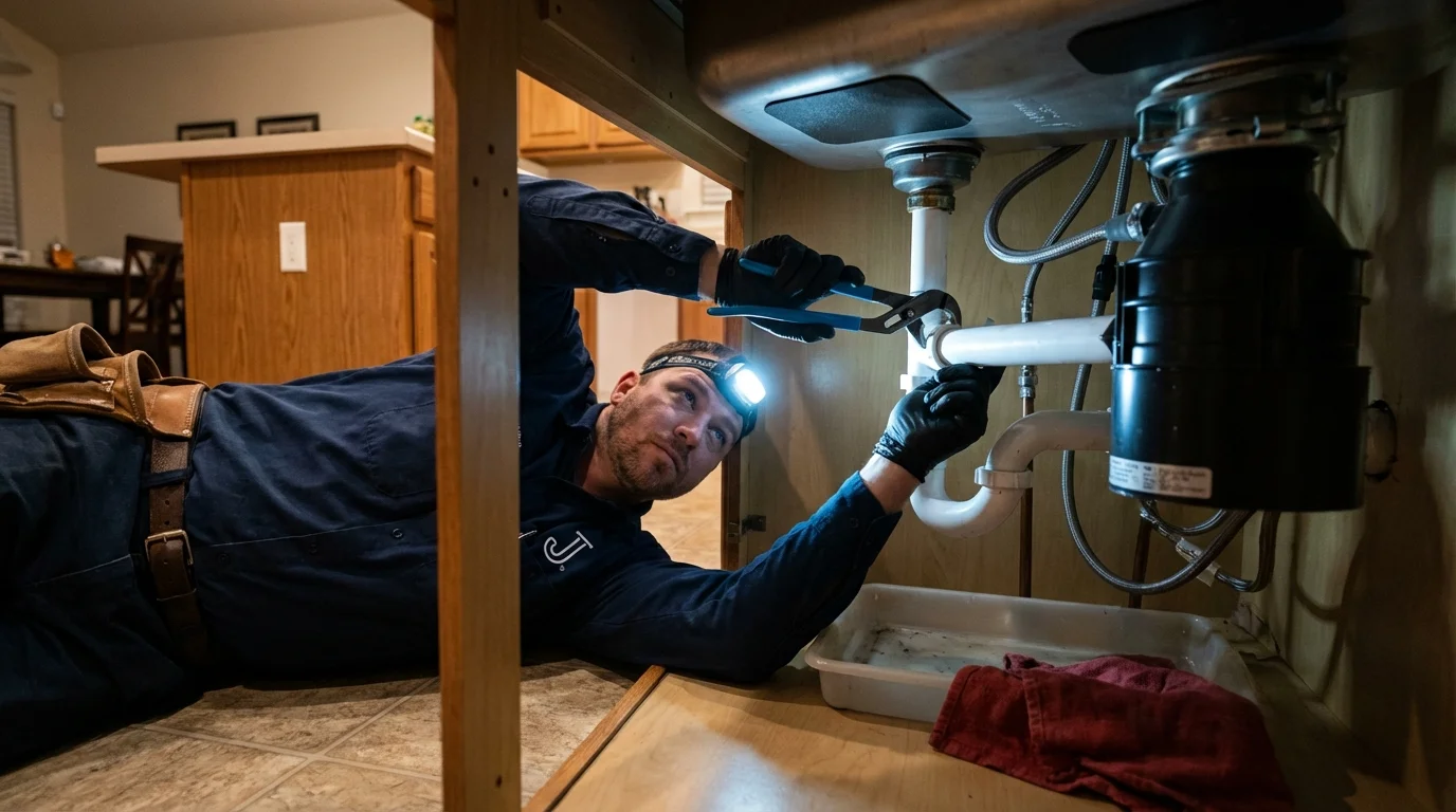 P-trap and supply line connections under a kitchen sink showing a common leak point in Monticello, MS
